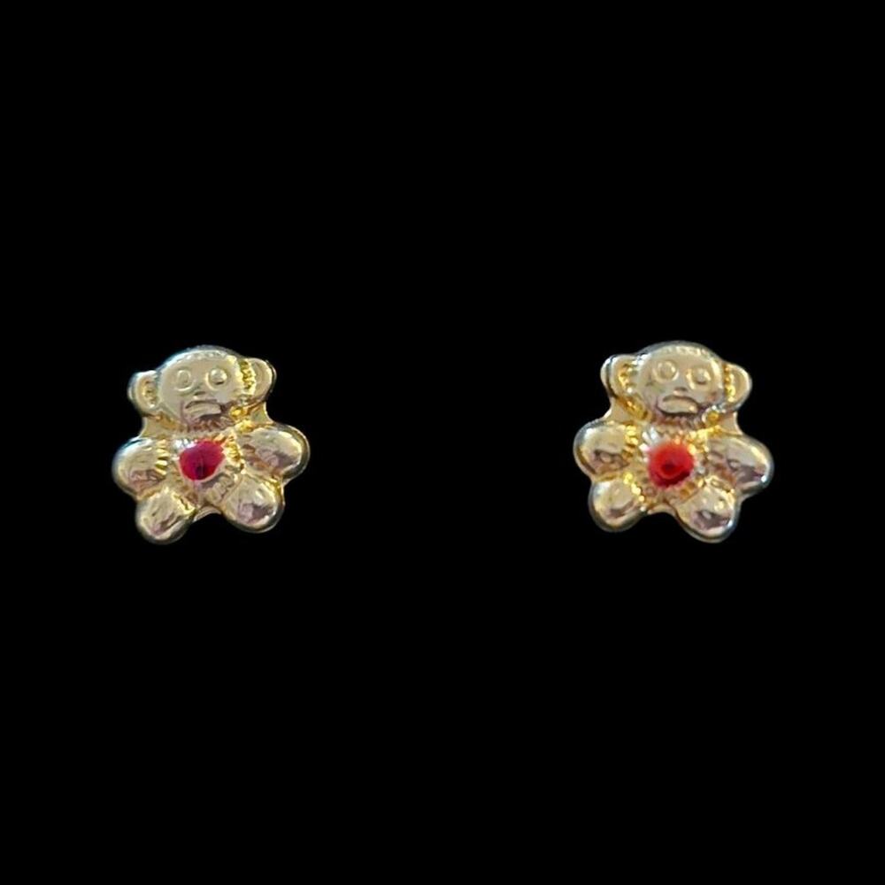 Vintage Gold-Tone Teddy Bear Stud Earrings with Red Gem